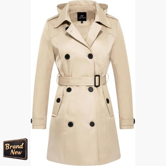 Jackets & Blazers - Waterproof Trench Coat with Removable Hood, Double Breasted, Belted Lapel